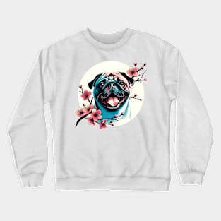 Pug Enjoys Spring Amid Cherry Blossoms and Flowers Crewneck Sweatshirt